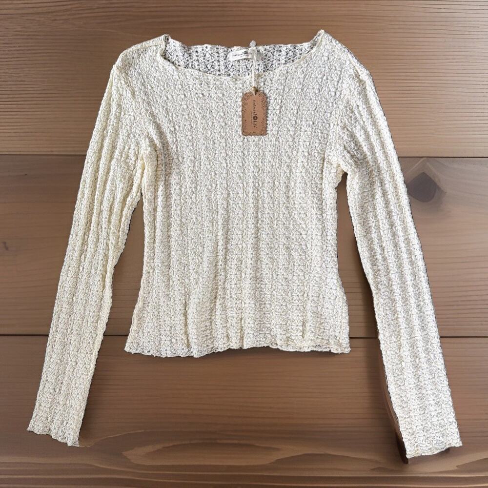 NWT Natural Life Sz M Cream Crochet Lace Long Sleeve Top Boho Cottagecore Fairy